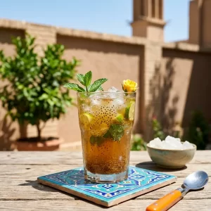 شربت زعفران و سنتی همراه با یخ در لیوان