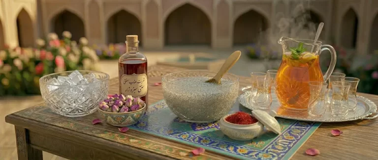 تخم شربتی و استفاده از آن درون شربت درون پارچ به همراه زعفران و یخ